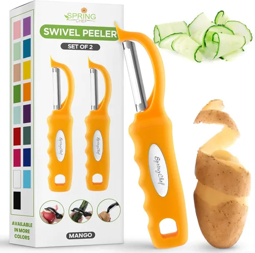 Miniatura 32 de Spring Chef Pelador de verduras giratorio profesional rojo para cocina, peladores de papas de acero inoxidable con mango de agarre suave, perfecto
