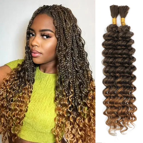 Miniatura 14 de Mezcla de cabello humano trenzado sintético de onda profunda a granel para trenzar, 16 pulgadas, cabello trenzado húmedo y ondulado, 2 piezas