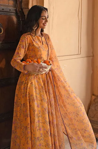 Miniatura 5 de Janasya Kurta de mujer india con estampado floral de Georgette amarillo con palazzo acampanado y dupatta
