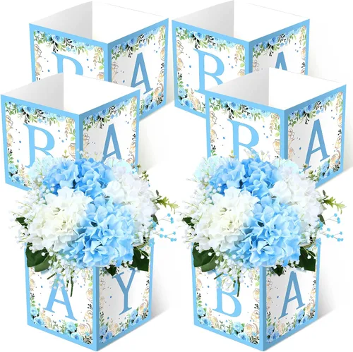 Miniatura 8 de Bucherry - 6 cajas de centro de mesa de baby shower con letras de "bebé", cajas de flores, decoración de mesas para baby shower, cumpleaños, Azul