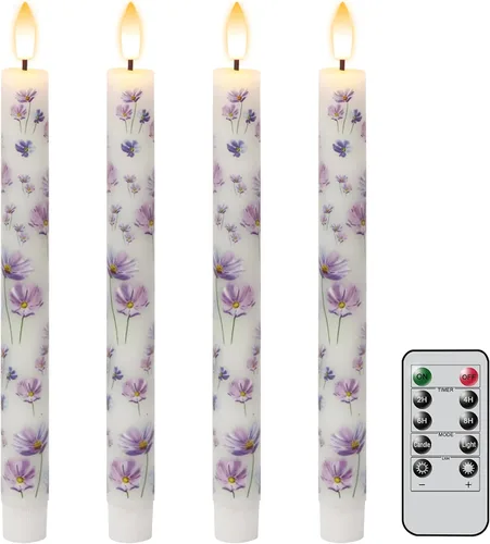 Velas cónicas sin llama de flores moradas con temporizador remoto, velas LED que funcionan con pilas, mecha 3D cálida parpadeante, velas de cera