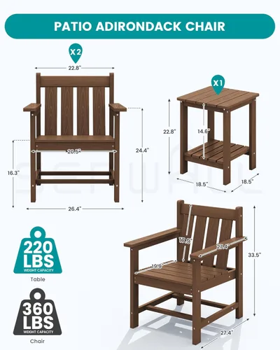 Miniatura 2 de SERWALL juego de muebles de patio bistró de 3 piezas, juego de sillas Adirondack para todo clima con mesa auxiliar, juego de muebles de patio