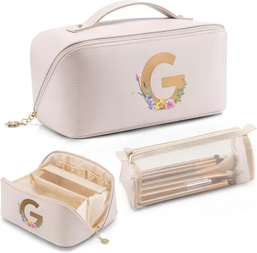 Miniatura 15 de Vlando Bolsa de maquillaje de viaje, neceser para mujer, piel sintética, abierta, plana, bolsa de maquillaje, Clásico elegante