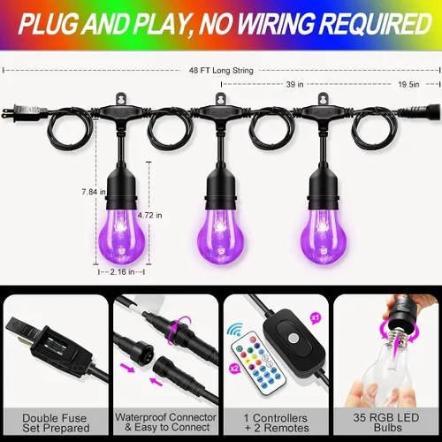 Miniatura 6 de Auroraworld Tira de luces RGB de 48 pies para exteriores, regulables, cambio de color, impermeable, luces LED para patio con control remoto