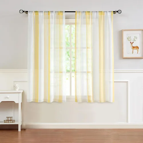 Miniatura 27 de Central Park Cortinas Transparentes de Rayas Beige y Blancas Estilo Granja de Lino Bouclé, Pares de Paneles de Cortina de Ventana Tejidos con Hilo
