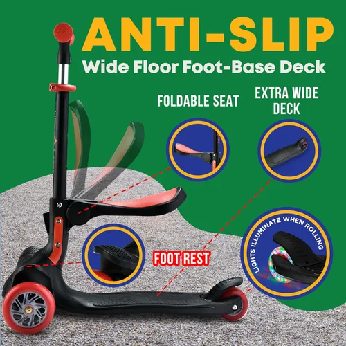 Miniatura 4 de Scooter de 3 ruedas para niños con asiento plegable, altura ajustable del manubrio, juguete de paseo inclinado para conducir para niños a partir