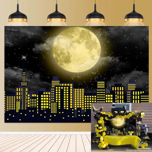 Telón de fondo de superhéroe de Super City para fotografía, 7 x 5 pies, color amarillo, luna llena, horizonte, paisaje urbano, fondo de foto, baby