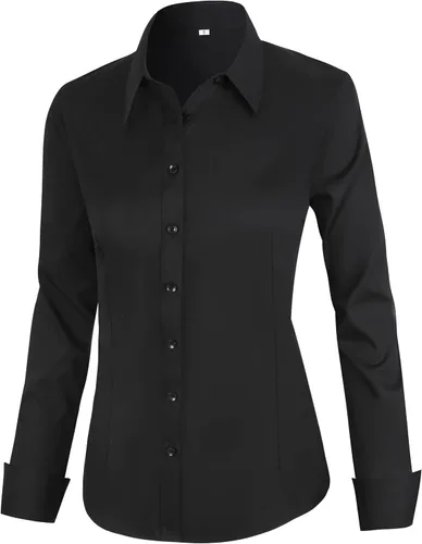 Miniatura 2 de BBIBBI Camisa de vestir elástica de manga larga con botones para mujer, blusa de trabajo casual de negocios (clásica, recortada y alta)