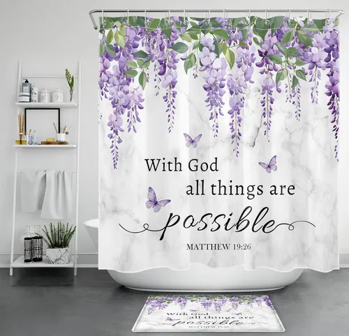 Miniatura 26 de LB Cortina de ducha de hortensias azules para baño, cortina de ducha rústica de girasol amarillo botánico y lavanda púrpura con ganchos, cortina