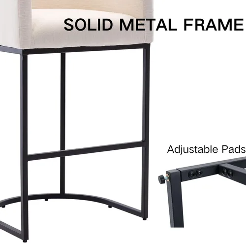 Miniatura 5 de Taburete de bar de lino de 32 pulgadas, taburete moderno de altura de barril con brazo, silla de mostrador tapizada, marco de metal negro para isla
