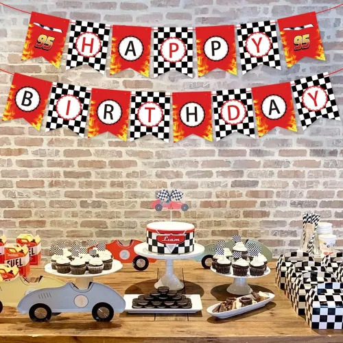 Miniatura 6 de Cartel de cumpleaños de coche de carreras, suministros para fiestas temáticas de bandera a cuadros