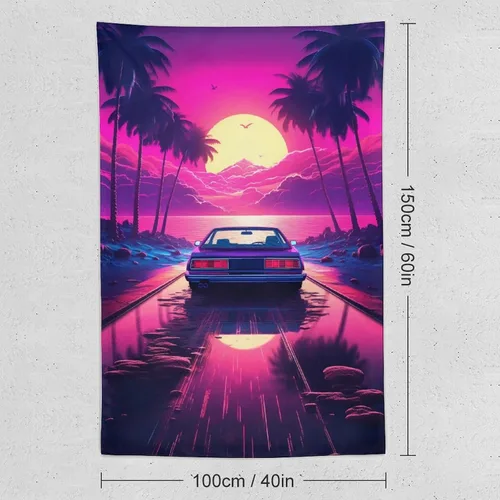 Miniatura 2 de QEOPGNE Synthwave - Tapiz morado para automóvil deportivo de anime, arte de pared de automóvil de carreras de neón, Vaporwave de neón, decoración
