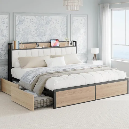 Miniatura 11 de LIKIMIO Armazón de cama Queen con 4 cajones de almacenamiento, cama de plataforma con cabecera con carga, resistente y estable, sin ruido, no Verde