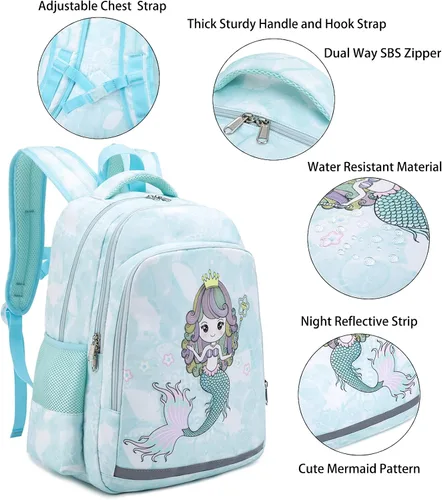 Miniatura 5 de YCBB Juego de mochilas escolares para niñas, azul, (Blue Mermaid), Mochila, compatible, viaje