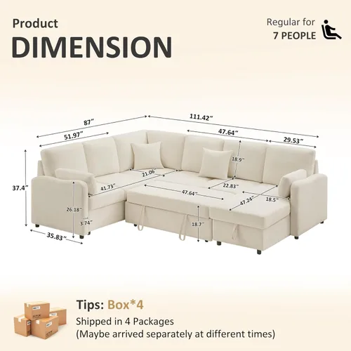 Miniatura 3 de Sofá Seccional Cama de 111 pulgadas con Cama Extraíble, Sofá Modular de 6 Asientos en Forma de U con Chaise de Almacenamiento, Sofá Seccional