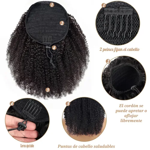 Miniatura 5 de Cola de caballo de cabello humano afro para mujeres negras, con cordón, 150 % de densidad, cabello virgen rizado 10A, extensiones de cabello 4C