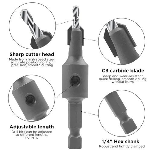 Miniatura 2 de Juego de 3 brocas avellanadas con vástago hexagonal de 1/4 pulgadas con tope de profundidad ajustable para madera, escariador de carpintería