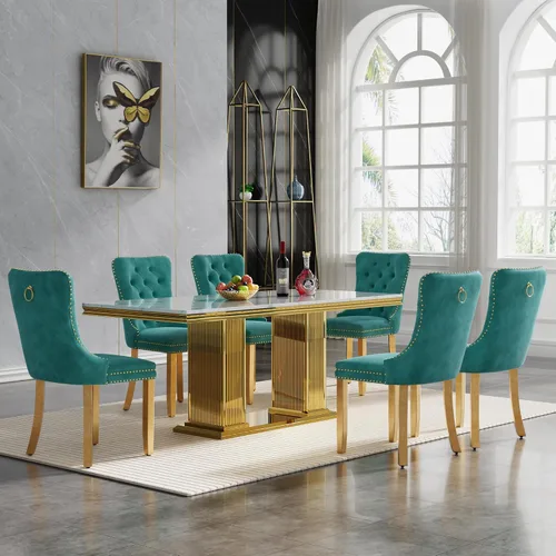 Miniatura 74 de HomVent Juego de mesa de comedor moderna de mármol sintético para 4 personas, mesa de cocina rectangular con 4 sillas beige (dorado)