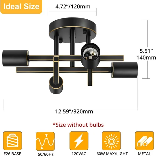 Miniatura 2 de SunRider Lámpara Industrial de Techo Semi Empotrada de 4 Luces, Luces de Pasillo de Bronce Frotado con Aceite, Candelabro Sputnik de Metal Retro