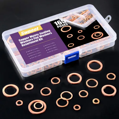 Miniatura 7 de Swpeet Kit surtido de 165 arandelas de sellado métricas de cobre de 8 tamaños, incluye M6 M8 M10 M12 M14 M16 M18 M20 perfecto para conexiones