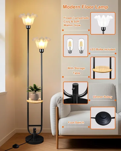 Miniatura 5 de Lámparas de Pie Regulables de Flores con Mesa, Lámpara de Pie Floral de 2 Luces, 3000K Blanco Cálido Estilo Candelabro Lámpara de Pie Moderna