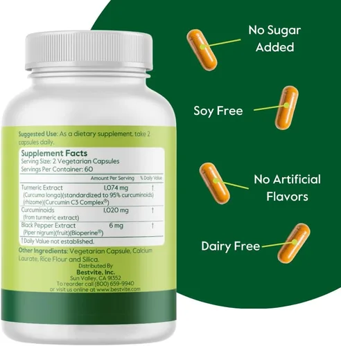 Miniatura 3 de BESTVITE Curcumina de 510 mg (cúrcuma) (120 cápsulas vegetarianas) con complejo de curcumina C3 y bioperina - estandarizado al 95% de curcuminoides