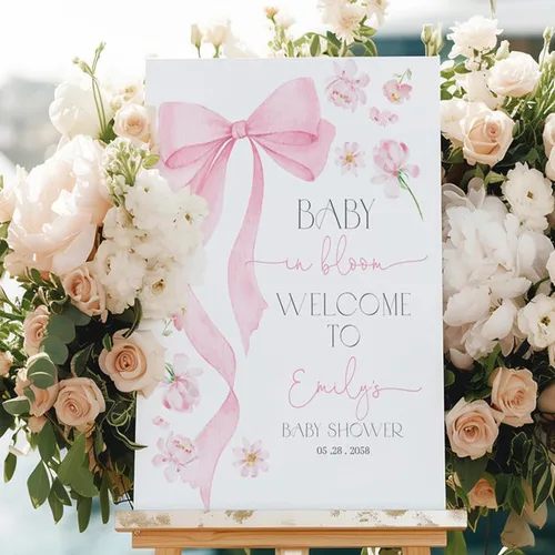 Letrero de bienvenida personalizado con lazo rosa, editable imprimible para fiesta de bebé, letrero de baby shower con lazo rosa #4 Baby Shower #4