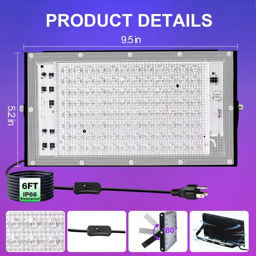Miniatura 4 de Luz LED negra de 100 W 385-400 nm Luz de inundación de luz negra para fiesta de neón brillante, IP66 impermeable cable de alimentación de 6