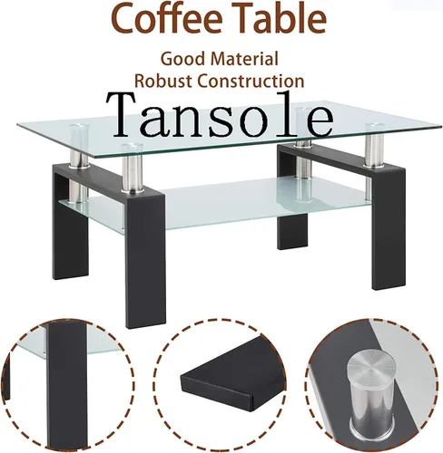 Miniatura 4 de Mesa de centro rectangular de vidrio de 39.4 pulgadas, mesa de centro negra con vidrio templado y patas de metal, mesa central moderna de 2 niveles