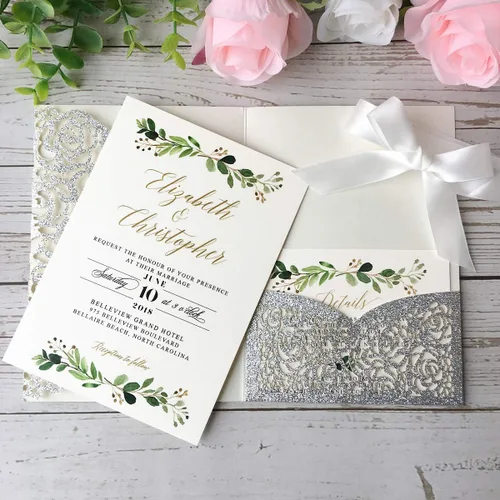 Miniatura 2 de Kit de invitaciones de boda de 5.1 x 7.1 pulgadas, 20 piezas de purpurina plateada en blanco cortado con láser con sobres y bolsillo hueco de rosa