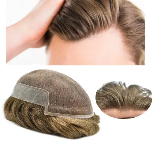 Miniatura 28 de Tupé de encaje suizo para hombres, piezas de cabello humano real, encaje frontal, sistema de reemplazo de cabello tipo tupé, nudo blanqueado, línea
