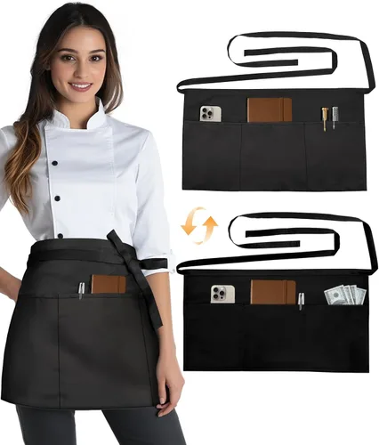 Slohif Delantal Reversible de Servidor con 6 Bolsillos - Delantal de Cintura para Camarera Mujeres Delantal Corto de Media Porción Camarero