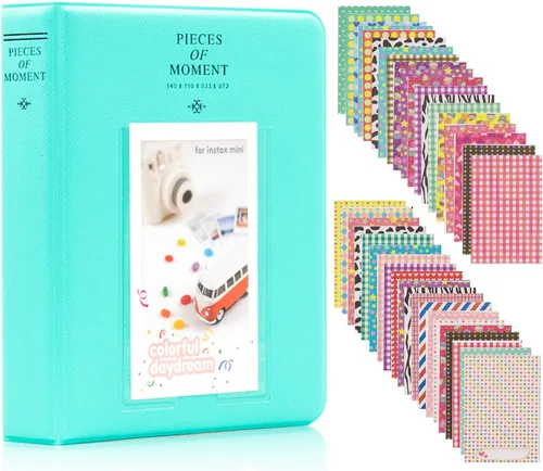 Ablus - Álbum de fotos con 64 bolsillos para fotos instantáneas de cámaras Fujifilm Instax Mini 7s 8 8+ 9 25 26 50s 70 90 y letrero, pequeño Menta n