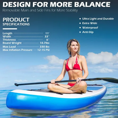 Miniatura 4 de Tabla de Paddle Board de 11' x 33" x 6" Extra Ancha Inflable Stand Up Paddle Board con Bomba de Mano, Correa, Pala Ajustable Para Versión Básica