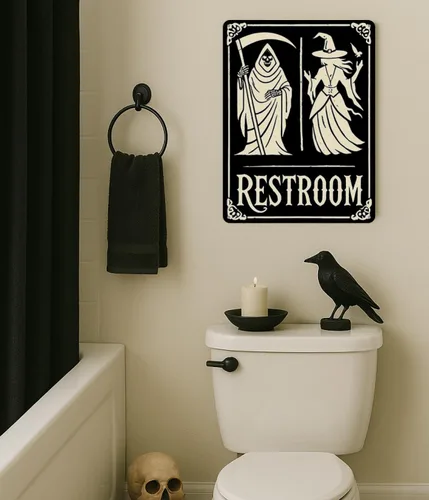 Miniatura 3 de Letrero de decoración de baño de Halloween – Parca y bruja, decoración espeluznante para baño, divertida placa de metal gótica de 11 x 8.3 pulgadas