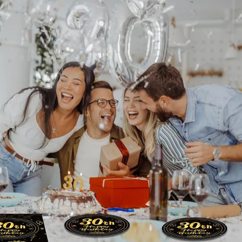 Miniatura 5 de Juego de 40 platos y servilletas desechables para fiesta de cumpleaños de 30 años para ella, vintage, negro y dorado, 1996, 30 años, juego
