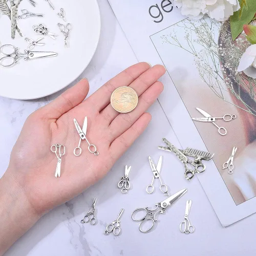 Miniatura 3 de PH PandaHall 50 dijes de tijeras de 10 estilos, dijes, tijeras de costura, abalorios para hacer collares, pulseras, plata envejecida, 50
