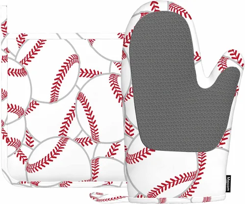 Mxocom Juego de guantes de horno de béisbol y soportes para ollas, pelota de tenis, silicona resistente al calor, guantes para horno de cocina,