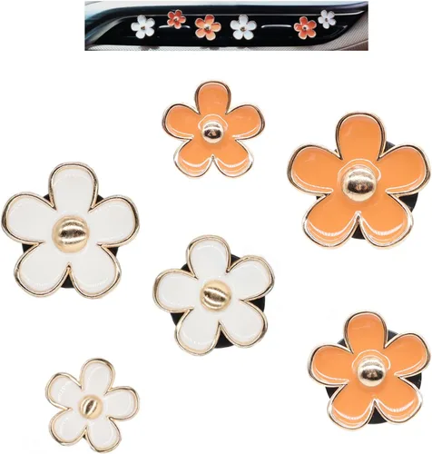 ORIESSE 6 clips de ventilación de flores de margaritas para automóvil, color blanco y naranja, linda decoración de automóvil, accesorios femeninos
