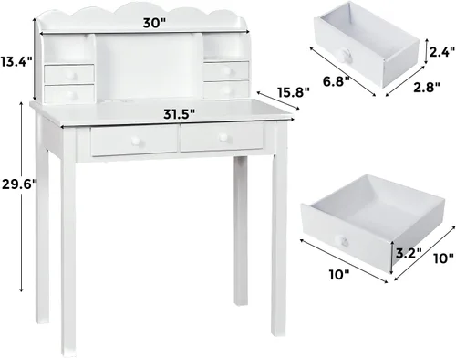 Miniatura 2 de ADORNEVE Pequeño Escritorio Blanco con Estante Superior y Puertos USB, Escritorio de Oficina en Casa de 31.5 Pulgadas con Cajones, Mesa de Estudio