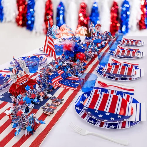 Miniatura 6 de Festiva 175 Piezas Platos del 4 de Julio y Cubiertos Desechables de Plástico Rojo Blanco Azul y Vasos Azules Transparentes - Suministros de Fiesta