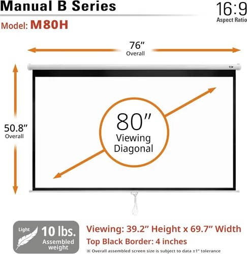 Miniatura 6 de Elite Screens Manual B, pantalla de proyección manual desplegable de 80 pulgadas 4K/8K para cine en casa, juegos, pantalla de proyección M80H Blanco