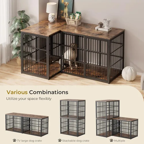 Miniatura 2 de Mueble de jaula para perros XXL de 48" con 3 puertas, jaula de madera combinada para mascotas, perrera resistente de interior para perros medianos a