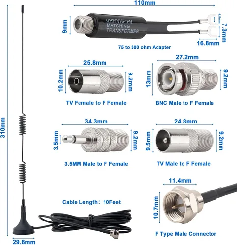 Miniatura 4 de Antena FM para interiores Antena de radio FM base magnética con PAL BNC 0.138 in y adaptador de 75 a 300 ohmios conector para receptor estéreo