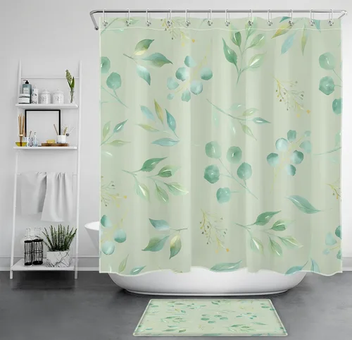 Miniatura 16 de EOBTAIN Cortina de ducha de hojas de eucalipto verde para baño, cortina de ducha con hojas de plantas naturales en beige con 10 ganchos, juego