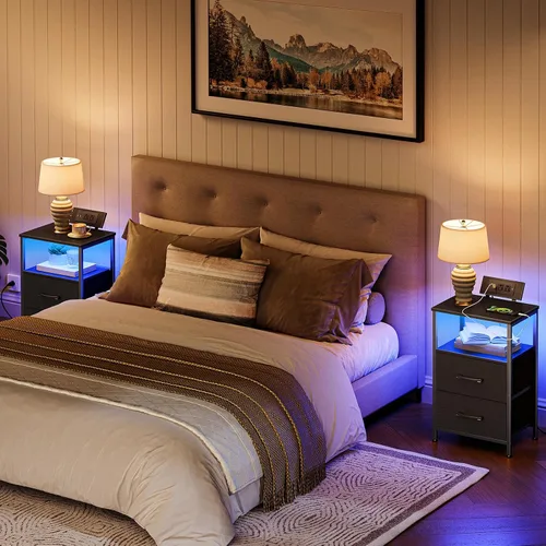 Miniatura 2 de HOOBRO Mesita de noche con estación de carga, mesita de noche con luces LED y 2 cajones de tela, mesa auxiliar con 2 salidas de CA y puerto USB
