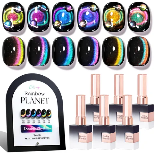 Miniatura 22 de Double Rhythm - Juego de esmalte de uñas de gel ojo de gato de 6 unidades, mismo color, misma botella, 14.8 ml, brillo con glitter, con imán
