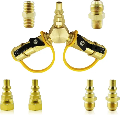 Miniatura 9 de Kit adaptador divisor en Y de propano de 1/4 pulgadas, 2 vías RV a parrilla de conexión rápida/desconexión de manguera de gas LP para cámperes