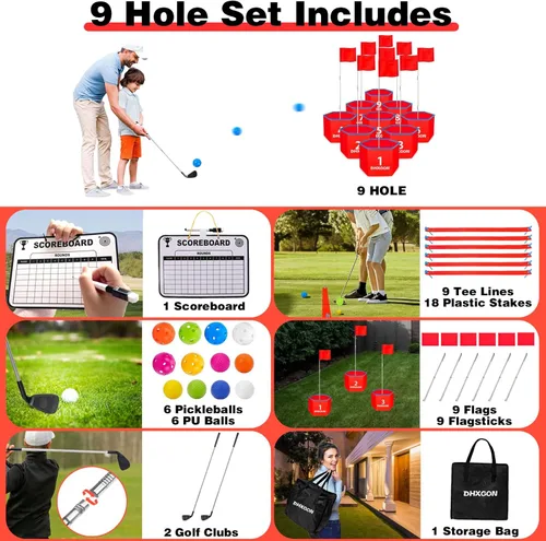 Miniatura 2 de Juego de golf para patio trasero con 2 palos, campo de golf portátil de 9 agujeros, juego de astillado de golf al aire libre para familias