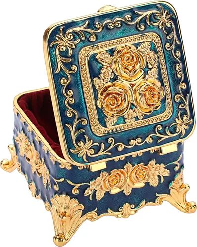 Miniatura 5 de Hipiwe Caja de Joyería de Metal Vintage - Pequeño Organizador de Baratijas Caja para Anillos con Patrón de Rosas, Caja de Almacenamiento de Joyas